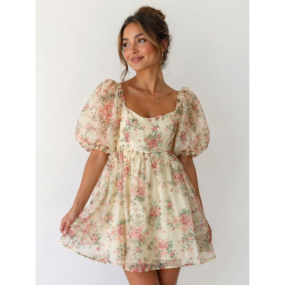 Francesca Babydoll Floral Puff Sleeve Mini Dress Small Y2K Cottagecore Romantic